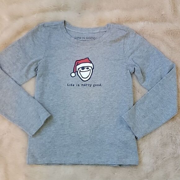LIFE IS GOOD GRAY LONG-SLEEVE SANTA "LIFE IS MERRY GOOD" T-SHIRT, SIZE 7-8 - Picture 1 of 7